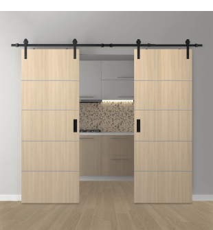 DOUBLE BARN DOOR OPTIMA 4H LOIRE ASH 36" X 96" X 1 3/4" SOLID CORE BLACK HARDWARE