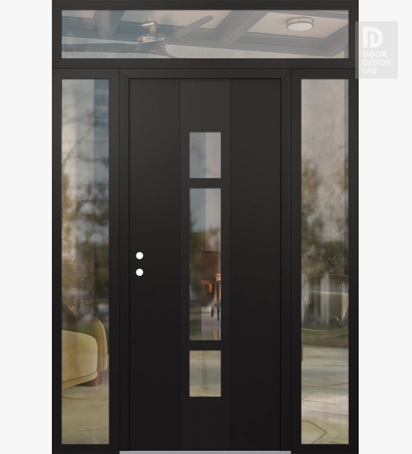 Modern Steel Front Door DIAMOND A9 68" X 96" BLACK/BLACK CLEAR GLASS PANEL BLACK RHI WITH 2 SIDELITES AND TRANSOM CLEAR GLASS