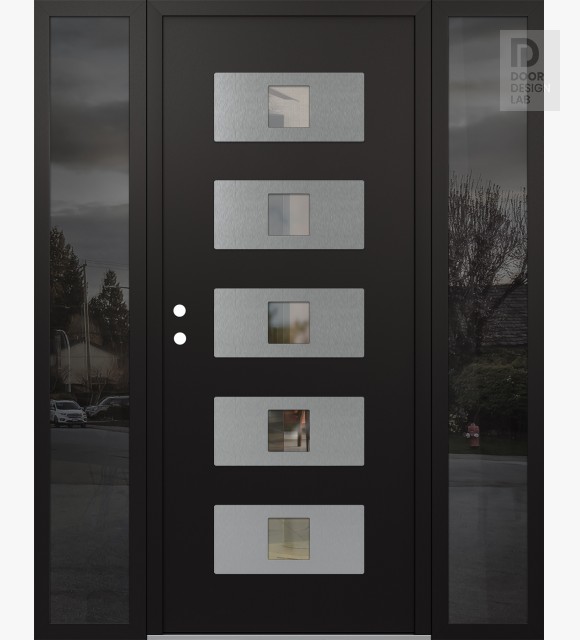 Modern Steel Front Door Diamond D8 64" x 80" black/black clear Glass Panel stainless steel RHI with 2 Sidelites mirrored Glass