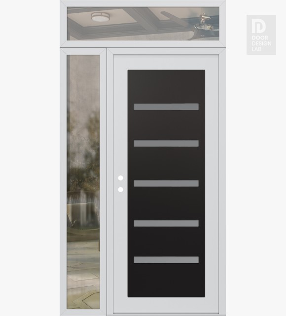 Modern Steel Front Door Diamond C7 50" x 96" white/white frosted Glass Panel black RHI with Sidelite and Transom clear Glass