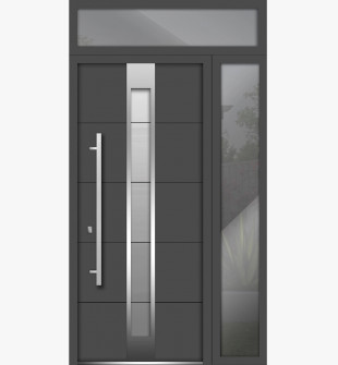 Front Exterior Prehung Steel Door / Deux 1717 Gray Graphite / Stainless Inserts Single Modern Painted-W50" x H96"-Right-hand Inswing