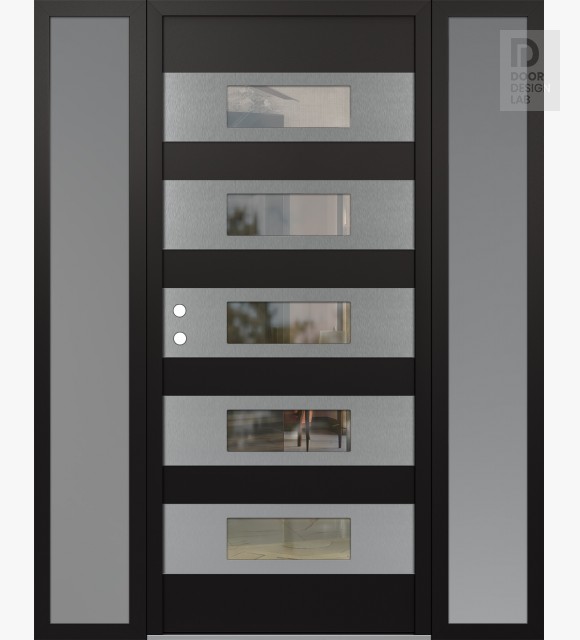 Modern Steel Front Door Diamond D5 60" x 80" black/black clear Glass Panel stainless steel RHI with 2 Sidelites frosted Glass