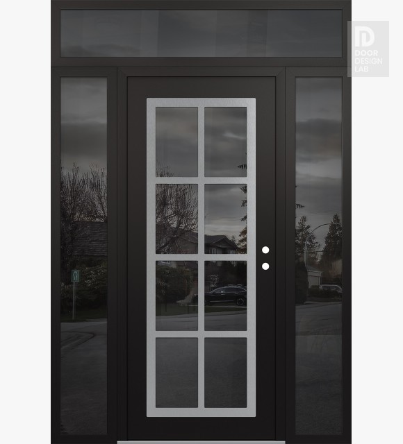 Modern Steel Front Door Diamond C16 68" x 96" black/black mirrored Glass Panel stainless steel LHI with 2 Sidelites and Transom mirrored Glass