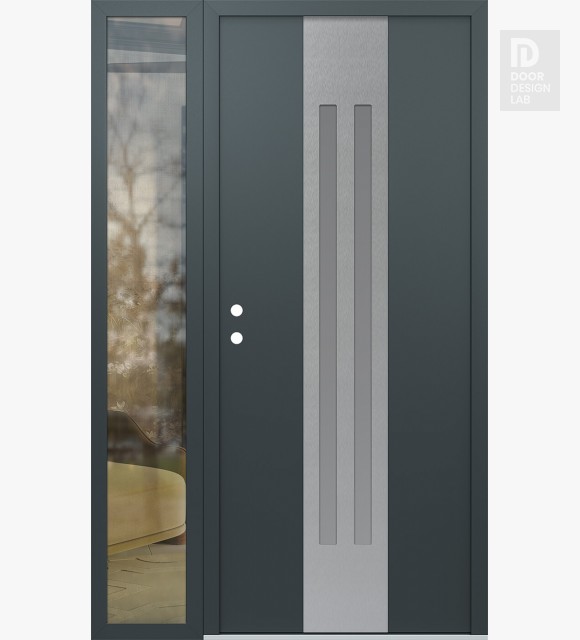 Modern Steel Front Door DIAMOND A8 50" X 80" ANTHRACITE/ANTHRACITE FROSTED GLASS PANEL STAINLESS STEEL RHI WITH SIDELITE CLEAR GLASS