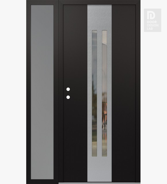 Modern Steel Front Door DIAMOND A8 52" X 80" BLACK/BLACK CLEAR GLASS PANEL STAINLESS STEEL RHI WITH SIDELITE FROSTED GLASS