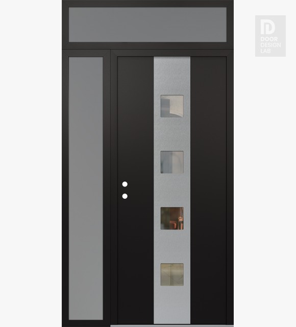 Modern Steel Front Door DIAMOND A12 48" X 96" BLACK/BLACK CLEAR GLASS PANEL STAINLESS STEEL RHI WITH SIDELITE AND TRANSOM FROSTED GLASS