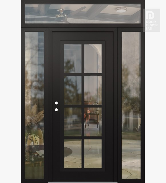 Modern Steel Front Door Diamond C16 60" x 96" black/black clear Glass Panel black RHI with 2 Sidelites and Transom clear Glass
