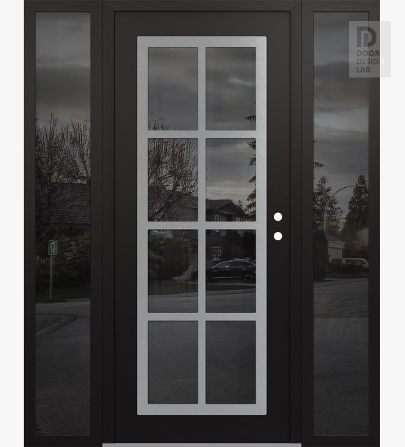Modern Steel Front Door Diamond C16 60" x 80" black/black mirrored Glass Panel stainless steel LHI with 2 Sidelites mirrored Glass