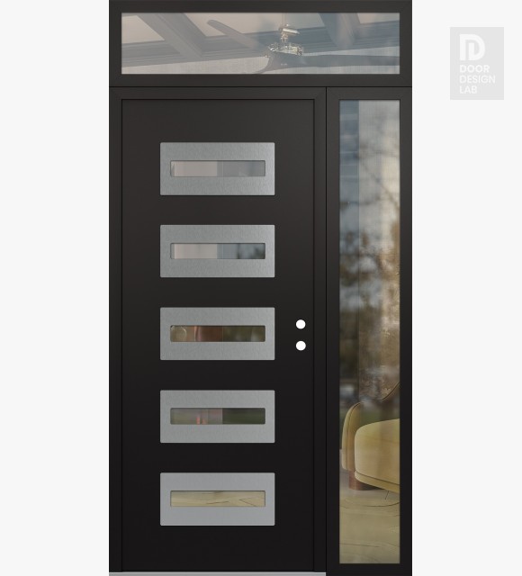 Modern Steel Front Door Diamond D4 52" x 96" black/black clear Glass Panel stainless steel LHI with Sidelite and Transom clear Glass