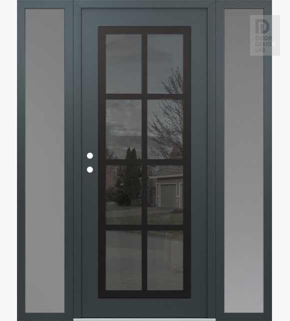 Modern Steel Front Door Diamond C16 64" x 80" anthracite/anthracite mirrored Glass Panel black RHI with 2 Sidelites frosted Glass