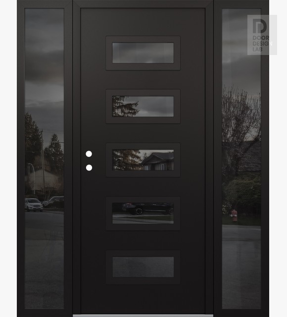 Modern Steel Front Door Diamond D1 60" x 80" black/black mirrored Glass Panel black RHI with 2 Sidelites mirrored Glass
