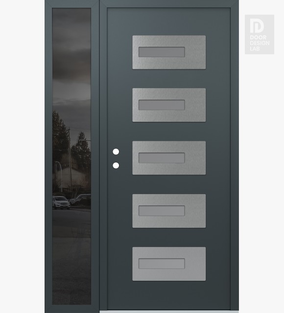 Modern Steel Front Door Diamond D6 48" x 80" anthracite/anthracite frosted Glass Panel stainless steel RHI with Sidelite mirrored Glass