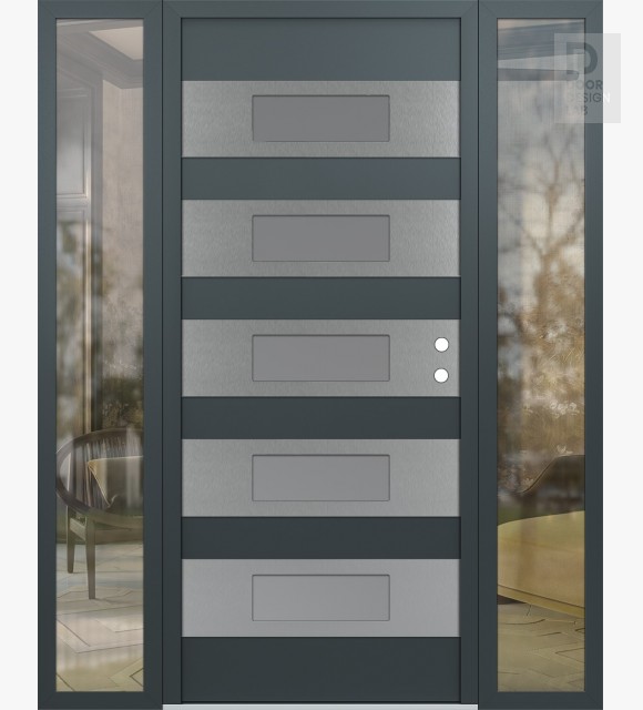 Modern Steel Front Door Diamond D5 64" x 80" anthracite/anthracite frosted Glass Panel stainless steel LHI with 2 Sidelites clear Glass