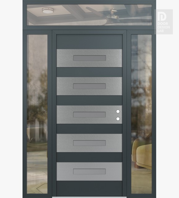 Modern Steel Front Door Diamond D9 60" x 96" anthracite/anthracite frosted Glass Panel stainless steel LHI with 2 Sidelites and Transom clear Glass