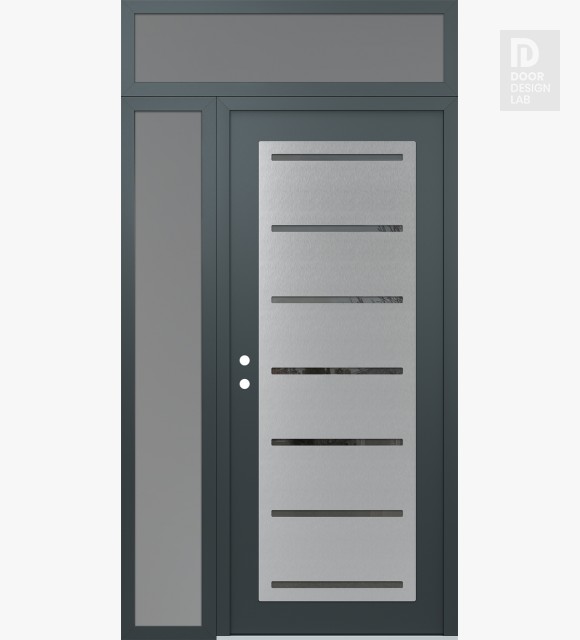 Modern Steel Front Door Diamond C11 52" x 96" anthracite/anthracite mirrored Glass Panel stainless steel RHI with Sidelite and Transom frosted Glass