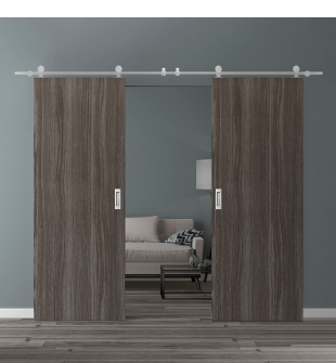 DOUBLE BARN DOOR PALLADIO GRAY OAK 72" X 80" X 1 9/16" SOLID CORE STAINLESS STEEL HARDWARE