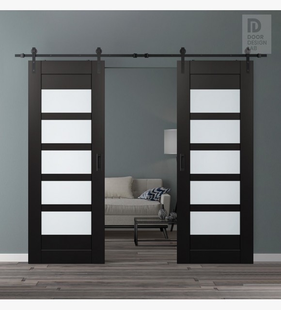 DOUBLE BARN DOOR AVON 07-07 VETRO BLACK MATTE 64" X 80" X 1 3/4" BLACK HARDWARE