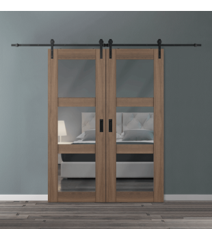 DOUBLE BARN DOOR AVON 3 LITE VETRO PECAN NUTWOOD 48" X 96" X 1 3/4" BLACK HARDWARE