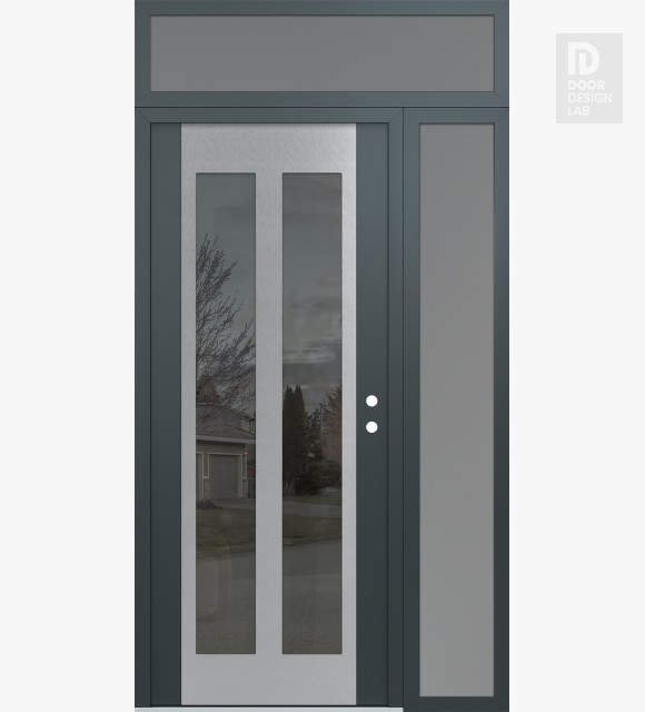 Modern Steel Front Door Diamond C14 50" x 96" anthracite/anthracite mirrored Glass Panel stainless steel LHI with Sidelite and Transom frosted Glass