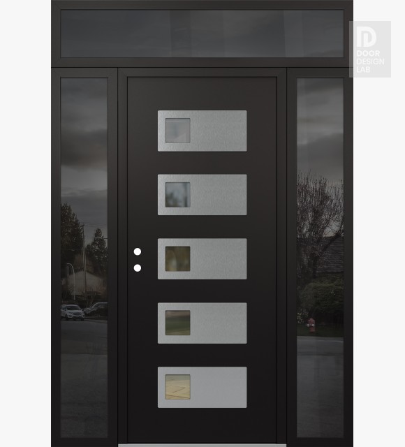 Modern Steel Front Door Diamond D2 68" x 96" black/black clear Glass Panel stainless steel RHI with 2 Sidelites and Transom mirrored Glass