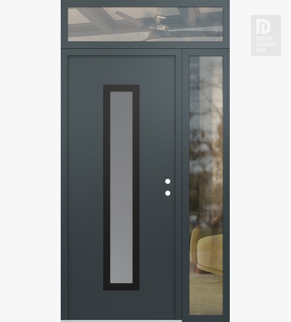 Modern Steel Front Door DIAMOND A11 50" X 96" ANTHRACITE/ANTHRACITE FROSTED GLASS PANEL BLACK LHI WITH SIDELITE AND TRANSOM CLEAR GLASS