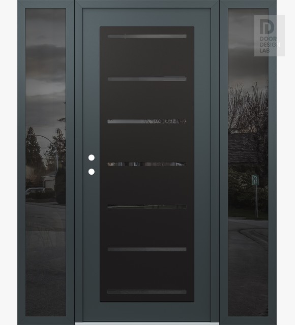 Modern Steel Front Door Diamond C11 64" x 80" anthracite/anthracite mirrored Glass Panel black RHI with 2 Sidelites mirrored Glass