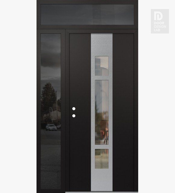 Modern Steel Front Door DIAMOND A9 50" X 96" BLACK/BLACK CLEAR GLASS PANEL STAINLESS STEEL RHI WITH SIDELITE AND TRANSOM MIRRORED GLASS