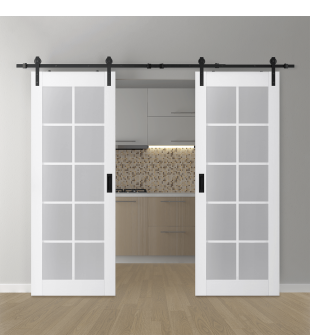 DOUBLE BARN DOOR PALLADIO 10 LITE VETRO BIANCO NOBLE 56" X 96" X 1 9/16" TEMPERED FROSTED GLASS BLACK HARDWARE