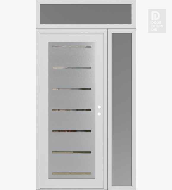 Modern Steel Front Door Diamond C11 52" x 96" white/white clear Glass Panel stainless steel LHI with Sidelite and Transom frosted Glass
