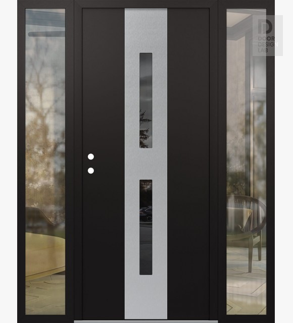 Modern Steel Front Door DIAMOND A6 68" X 80" BLACK/BLACK MIRRORED GLASS PANEL STAINLESS STEEL RHI WITH 2 SIDELITES CLEAR GLASS