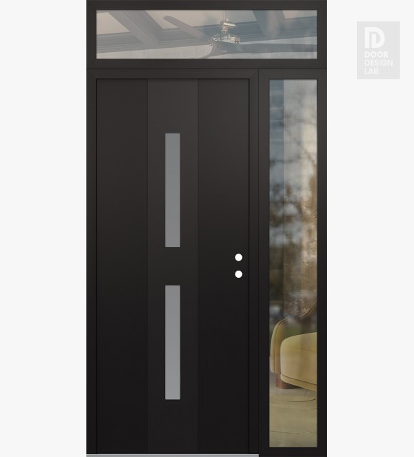 Modern Steel Front Door DIAMOND A6 48" X 96" BLACK/WHITE FROSTED GLASS PANEL BLACK LHI WITH SIDELITE AND TRANSOM CLEAR GLASS