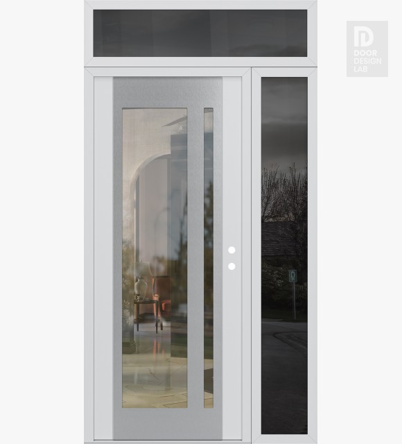 Modern Steel Front Door Diamond C15 52" x 96" white/white clear Glass Panel stainless steel LHI with Sidelite and Transom mirrored Glass