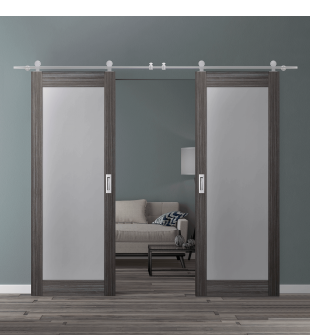 DOUBLE BARN DOOR PALLADIO 207 VETRO GRAY OAK 60" X 96" X 1 9/16" TEMPERED FROSTED GLASS STAINLESS STEEL HARDWARE