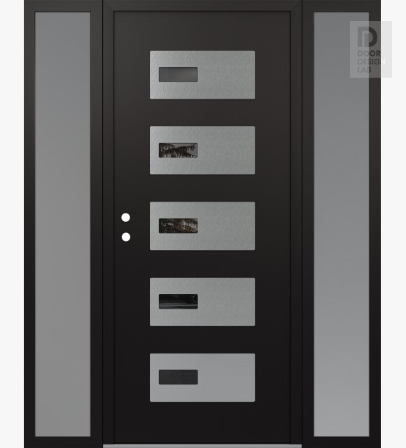 Modern Steel Front Door Diamond D7 60" x 80" black/black mirrored Glass Panel stainless steel RHI with 2 Sidelites frosted Glass