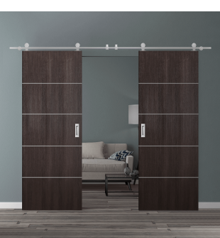 DOUBLE BARN DOOR OPTIMA 4H VERALINGA OAK 48" X 84" X 1 3/4" SOLID CORE STAINLESS STEEL HARDWARE