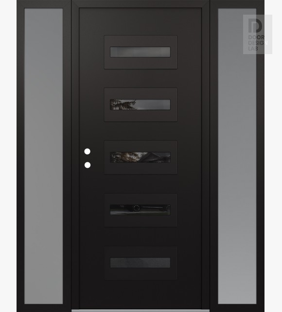 Modern Steel Front Door Diamond D4 68" x 80" black/black mirrored Glass Panel black RHI with 2 Sidelites frosted Glass