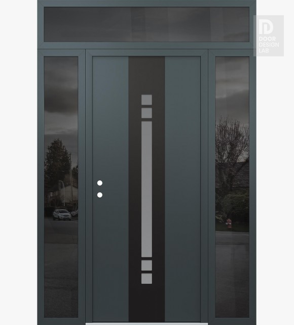 Modern Steel Front Door DIAMOND A4 60" X 96" ANTHRACITE/ANTHRACITE FROSTED GLASS PANEL BLACK RHI WITH 2 SIDELITES AND TRANSOM MIRRORED GLASS