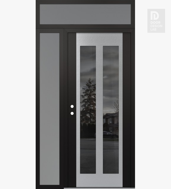 Modern Steel Front Door Diamond C14 50" x 96" black/black mirrored Glass Panel stainless steel RHI with Sidelite and Transom frosted Glass
