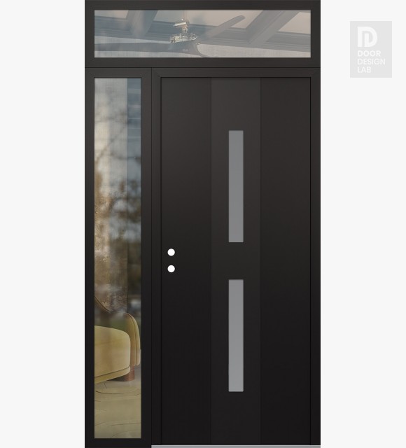 Modern Steel Front Door DIAMOND A6 48" X 96" BLACK/WHITE FROSTED GLASS PANEL BLACK RHI WITH SIDELITE AND TRANSOM CLEAR GLASS