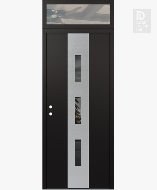 Modern Steel Front Door DIAMOND A7 36" X 96" BLACK/BLACK MIRRORED GLASS PANEL STAINLESS STEEL RHI WITH TRANSOM CLEAR GLASS