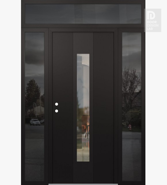 Modern Steel Front Door DIAMOND A1 68" X 96" BLACK/BLACK CLEAR GLASS PANEL BLACK RHI WITH 2 SIDELITES AND TRANSOM MIRRORED GLASS
