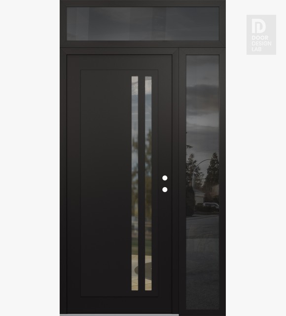 Modern Steel Front Door Diamond C6 48" x 96" black/black clear Glass Panel black LHI with Sidelite and Transom mirrored Glass