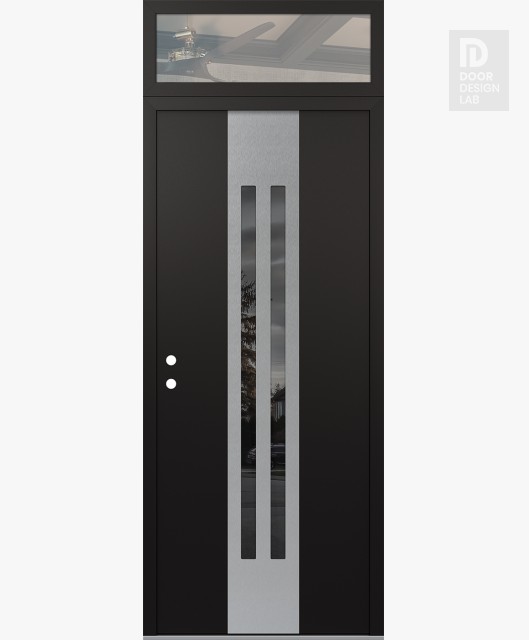 Modern Steel Front Door DIAMOND A8 36" X 96" BLACK/BLACK MIRRORED GLASS PANEL STAINLESS STEEL RHI WITH TRANSOM CLEAR GLASS