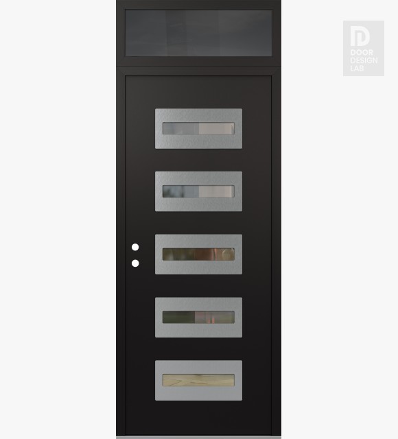 Modern Steel Front Door Diamond D4 36" x 96" black/black clear Glass Panel stainless steel RHI with Transom mirrored Glass