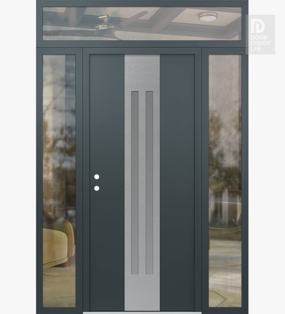 Modern Steel Front Door DIAMOND A8 68" X 96" ANTHRACITE/ANTHRACITE FROSTED GLASS PANEL STAINLESS STEEL RHI WITH 2 SIDELITES AND TRANSOM CLEAR GLASS