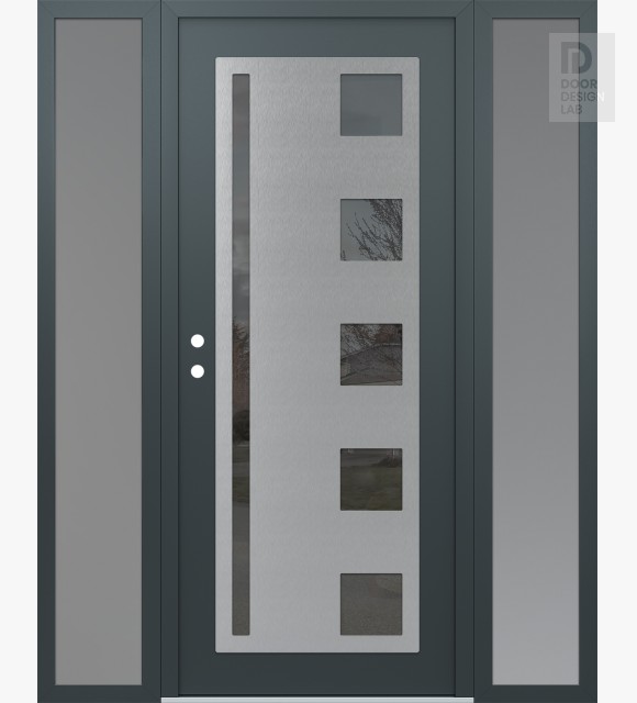 Modern Steel Front Door Diamond C3 68" x 80" anthracite/anthracite mirrored Glass Panel stainless steel RHI with 2 Sidelites frosted Glass