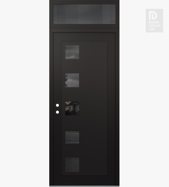 Modern Steel Front Door Diamond C5 36" x 96" black/black mirrored Glass Panel black RHI with Transom mirrored Glass