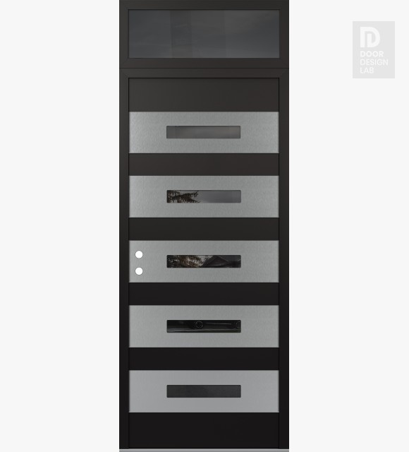 Modern Steel Front Door Diamond D9 36" x 96" black/black mirrored Glass Panel stainless steel RHI with Transom mirrored Glass