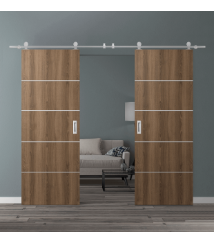 DOUBLE BARN DOOR OPTIMA 4H PECAN NUTWOOD 56" X 96" X 1 3/4" SOLID CORE STAINLESS STEEL HARDWARE