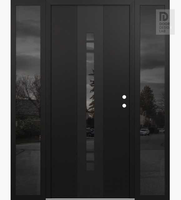 Modern Steel Front Door DIAMOND A4 68" X 80" BLACK/BLACK MIRRORED GLASS PANEL BLACK LHI WITH 2 SIDELITES MIRRORED GLASS